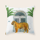 94 Tropical, Greece Architecture Buildings Tiger Wild Cat Watercolor Palm Travel Bohemian Painting Throw Pillow