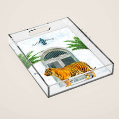 94 Tropical, Greece Architecture Buildings Tiger Wild Cat Watercolor Palm Travel Bohemian Painting Acrylic Tray