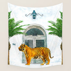 94 Tropical, Greece Architecture Buildings Tiger Wild Cat Watercolor Palm Travel Bohemian Painting Wall Tapestry