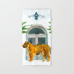 94 Tropical, Greece Architecture Buildings Tiger Wild Cat Watercolor Palm Travel Bohemian Painting Bath Towel