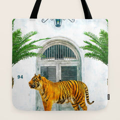 94 Tropical, Greece Architecture Buildings Tiger Wild Cat Watercolor Palm Travel Bohemian Painting Tote Bag