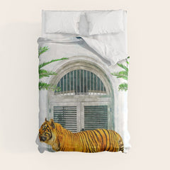 94 Tropical, Greece Architecture Buildings Tiger Wild Cat Watercolor Palm Travel Bohemian Painting Comforter