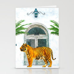 94 Tropical, Greece Architecture Buildings Tiger Wild Cat Watercolor Palm Travel Bohemian Painting Stationery Card