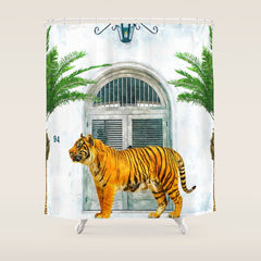 94 Tropical, Greece Architecture Buildings Tiger Wild Cat Watercolor Palm Travel Bohemian Painting Shower Curtain