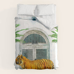 94 Tropical, Greece Architecture Buildings Tiger Wild Cat Watercolor Palm Travel Bohemian Painting Comforter