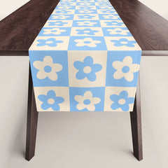 90s flowers checkers cream and blue Table Runner