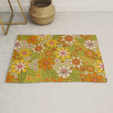 1960s, 1970s Retro Floral in Green, Pink & Orange - Flower Power Rug