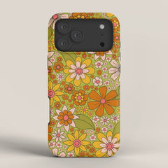 1960s, 1970s Retro Floral in Green, Pink & Orange - Flower Power iPhone Case