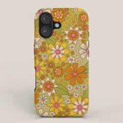 1960s, 1970s Retro Floral in Green, Pink & Orange - Flower Power iPhone Case