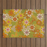 1960s, 1970s Retro Floral in Green, Pink & Orange - Flower Power Outdoor Rug