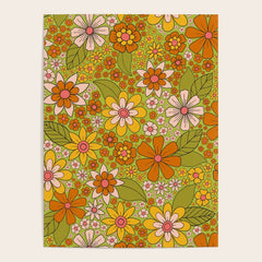 1960s, 1970s Retro Floral in Green, Pink & Orange - Flower Power Poster