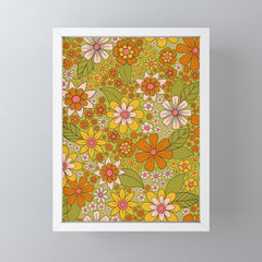 1960s, 1970s Retro Floral in Green, Pink & Orange - Flower Power Mini Art Print