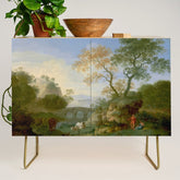 A Landscape with Distant Classical Ruins, a Bridge, Figures, and Cattle Credenza