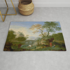 A Landscape with Distant Classical Ruins, a Bridge, Figures, and Cattle Rug