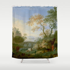 A Landscape with Distant Classical Ruins, a Bridge, Figures, and Cattle Shower Curtain