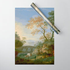 A Landscape with Distant Classical Ruins, a Bridge, Figures, and Cattle Wrapping Paper