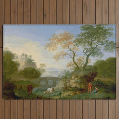 A Landscape with Distant Classical Ruins, a Bridge, Figures, and Cattle Outdoor Rug