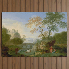 A Landscape with Distant Classical Ruins, a Bridge, Figures, and Cattle Outdoor Rug
