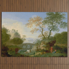 A Landscape with Distant Classical Ruins, a Bridge, Figures, and Cattle Outdoor Rug