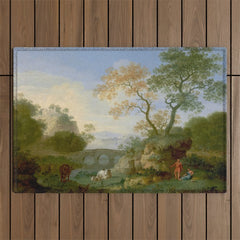 A Landscape with Distant Classical Ruins, a Bridge, Figures, and Cattle Outdoor Rug