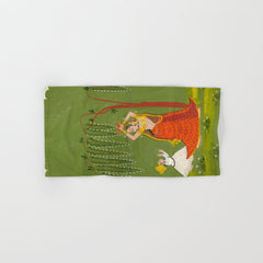 A female attendant is standing in tribhanga pose under a tree. A small child vies for her attention. Bath Towel