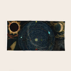 "Planetary System, Eclipse of the Sun, the Moon, the Zodiacal Light, Meteoric Shower" by Levi Walter Yaggi, 1887 Bath Towel