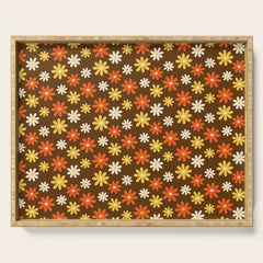1970s flowers brown and orange Serving Tray