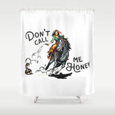 "Don't Call Me Honey" Cowgirl On Horseback Shooting a Rattlesnake Shower Curtain