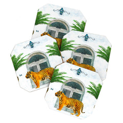 94 Tropical, Greece Architecture Buildings Tiger Wild Cat Watercolor Palm Travel Bohemian Painting Coaster