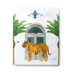 94 Tropical, Greece Architecture Buildings Tiger Wild Cat Watercolor Palm Travel Bohemian Painting Metal Print