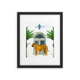 94 Tropical, Greece Architecture Buildings Tiger Wild Cat Watercolor Palm Travel Bohemian Painting Framed Art Print