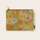 1960s, 1970s Retro Floral in Green, Pink & Orange - Flower Power Carry All Pouch