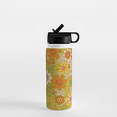 1960s, 1970s Retro Floral in Green, Pink & Orange - Flower Power Water Bottle