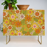 1960s, 1970s Retro Floral in Green, Pink & Orange - Flower Power Credenza