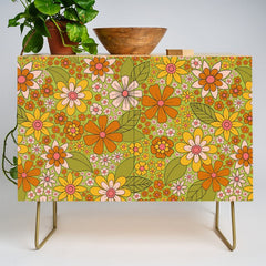 1960s, 1970s Retro Floral in Green, Pink & Orange - Flower Power Credenza