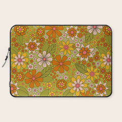 1960s, 1970s Retro Floral in Green, Pink & Orange - Flower Power Laptop Sleeve