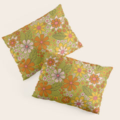 1960s, 1970s Retro Floral in Green, Pink & Orange - Flower Power Pillow Sham