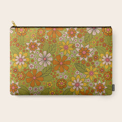 1960s, 1970s Retro Floral in Green, Pink & Orange - Flower Power Carry All Pouch