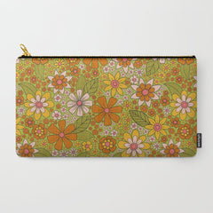 1960s, 1970s Retro Floral in Green, Pink & Orange - Flower Power Carry All Pouch