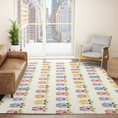 70s Retro Florals Pattern with Linen Texture Rug