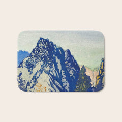 A Departure I - Mountain & Forest Nature Ukiyo Landscape in Blue, Green & Grey Bath Mat