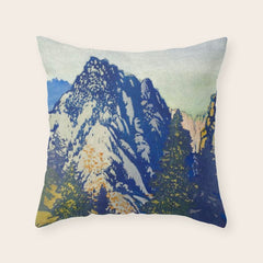 A Departure I - Mountain & Forest Nature Ukiyo Landscape in Blue, Green & Grey Throw Pillow