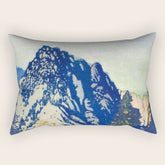 A Departure I - Mountain & Forest Nature Ukiyo Landscape in Blue, Green & Grey Rectangular Pillow