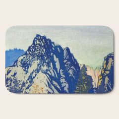 A Departure I - Mountain & Forest Nature Ukiyo Landscape in Blue, Green & Grey Bath Mat