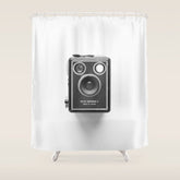 A Kodak Brownie analog vintage camera on a white background Retro photography in black and white Shower Curtain