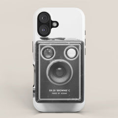 A Kodak Brownie analog vintage camera on a white background Retro photography in black and white iPhone Case