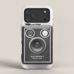 A Kodak Brownie analog vintage camera on a white background Retro photography in black and white iPhone Case