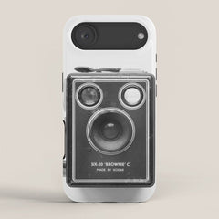A Kodak Brownie analog vintage camera on a white background Retro photography in black and white iPhone Case