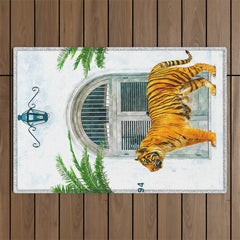 94 Tropical, Greece Architecture Buildings Tiger Wild Cat Watercolor Palm Travel Bohemian Painting Outdoor Rug