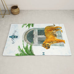 94 Tropical, Greece Architecture Buildings Tiger Wild Cat Watercolor Palm Travel Bohemian Painting Rug